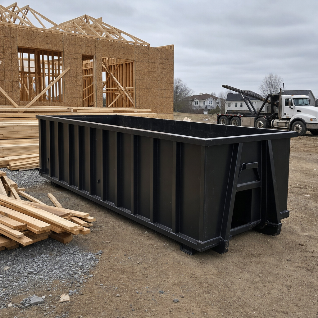 Matte-black 40-yard roll-off dumpster staged on a framed-out residential construction site in Clarksville, framing lumber stacked nearby, hooklift delivery truck visible in the background under bright Colorado daylight