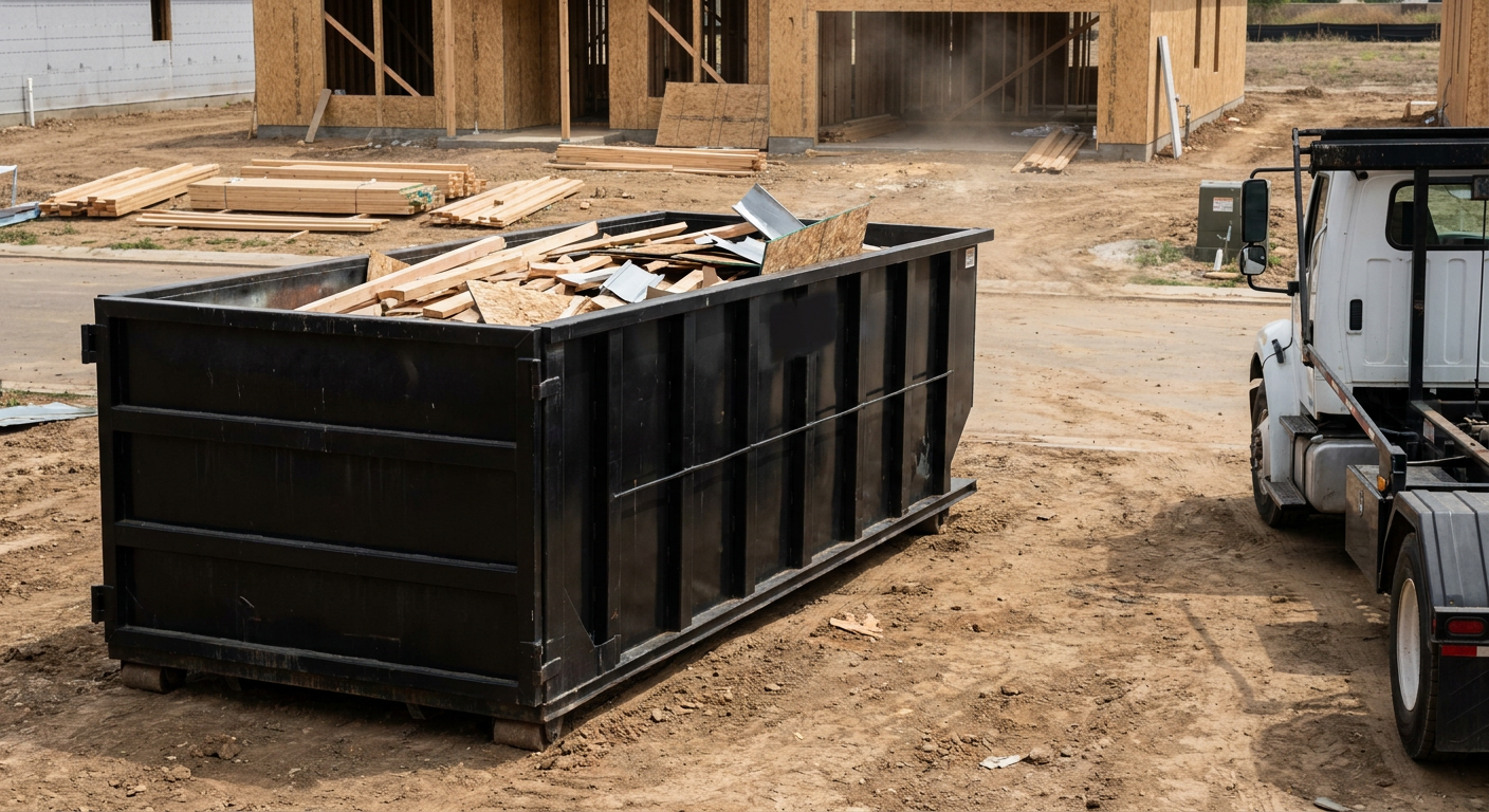 Matte-black 20-yard roll-off construction dumpster with heavy ribbed steel sidewalls and swing rear doors at a working jobsite in Clarksville, sitting directly on compacted dirt with an unmarked white hauler partially visible at the far edge of the frame.