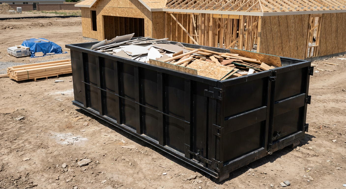Matte-black 30-yard roll-off construction dumpster sitting directly on the compacted-dirt site of a framed single-family home build in Clarksville, drywall and lumber scrap loaded inside.