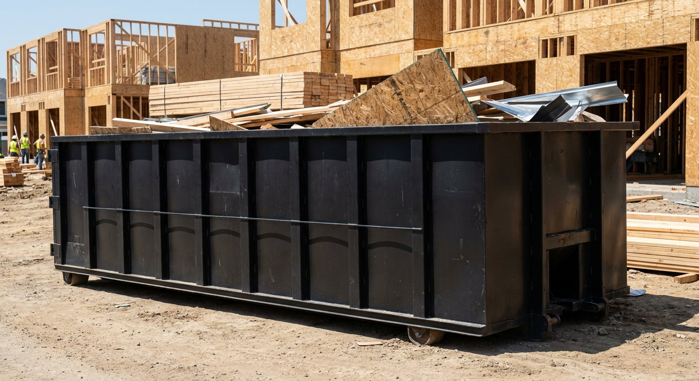 Matte-black 40-yard roll-off construction dumpster being lowered from a white-cab hooklift delivery truck onto the compacted-dirt jobsite at a commercial build site in Clarksville