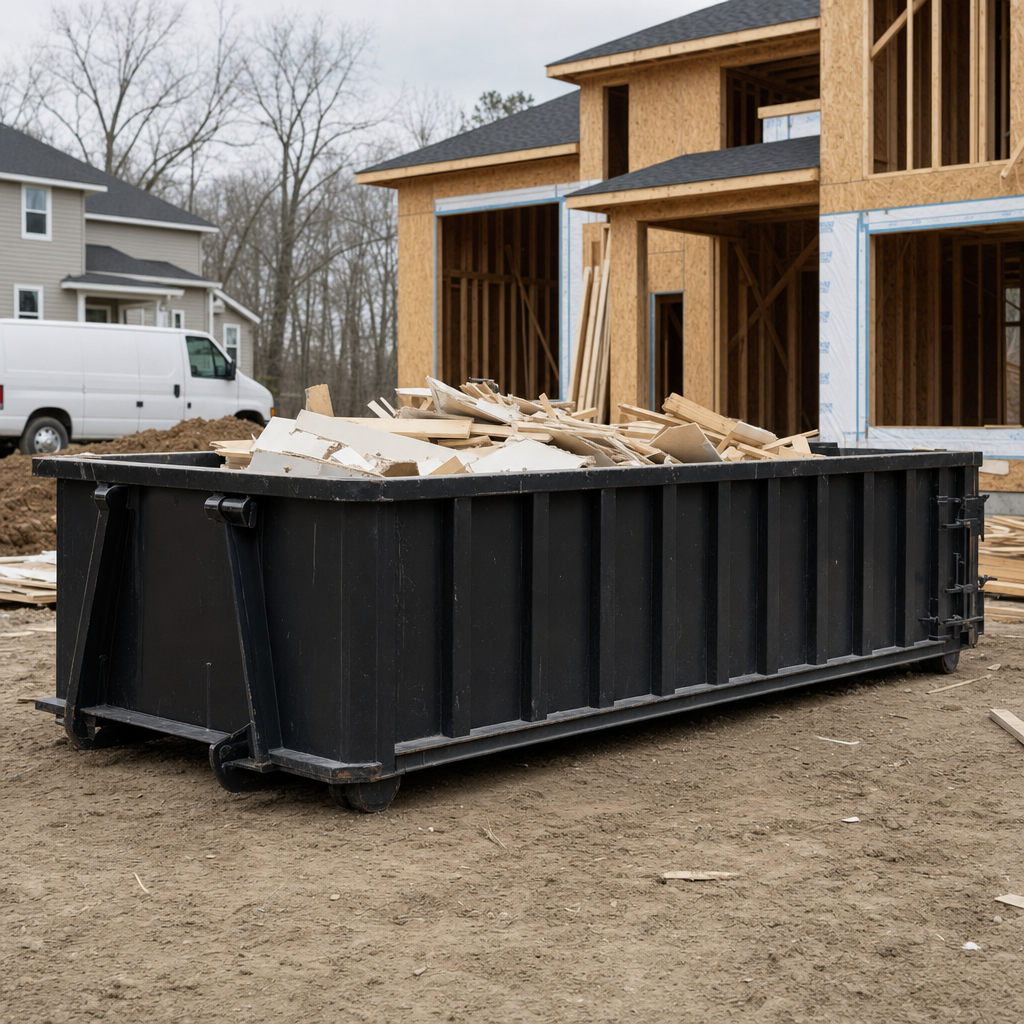 Worker in a yellow high-visibility vest tossing framing lumber and broken drywall into a matte-black 30-yard construction roll-off dumpster on an active build site in Clarksville, bright daylight
