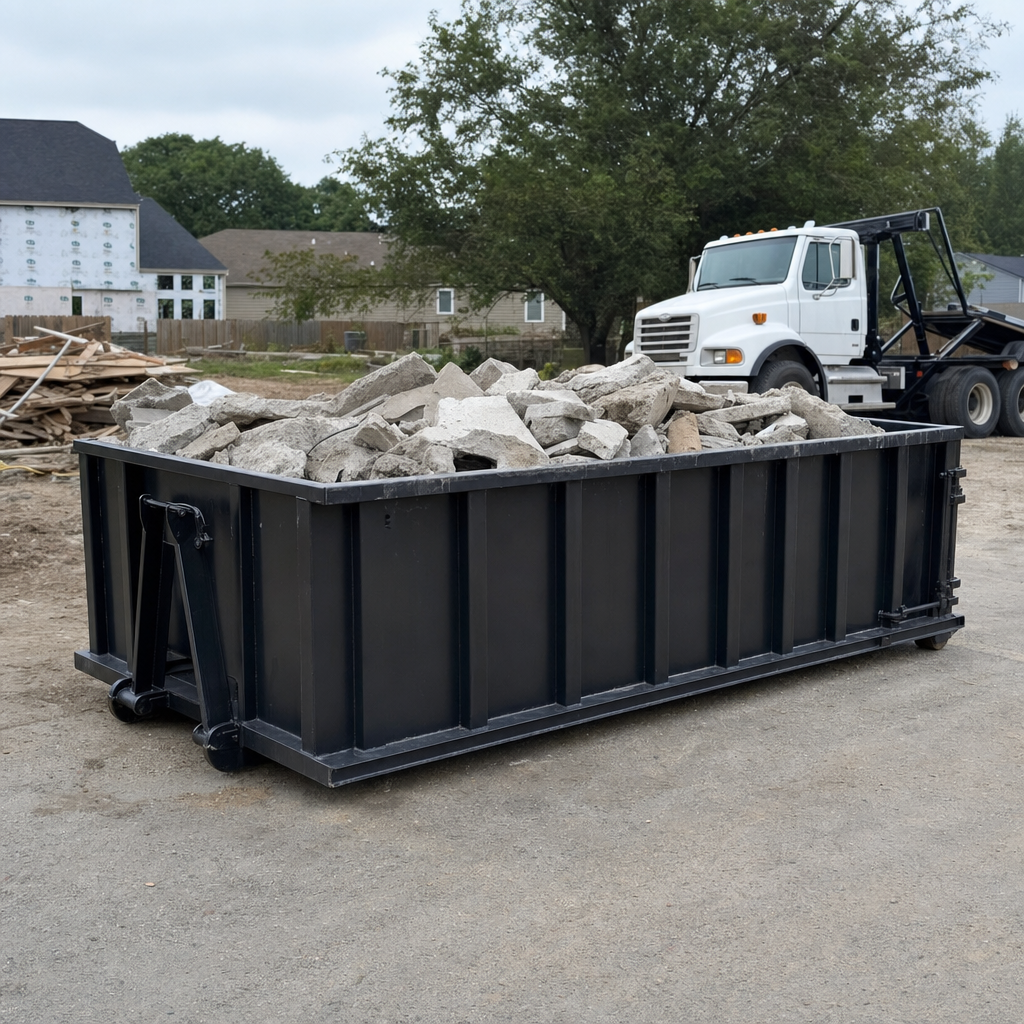 Low-profile matte-black lowboy roll-off dumpster loaded with broken concrete slab and rebar at a foundation tear-out in Clarksville, skid steer parked beside it, sunny Colorado morning