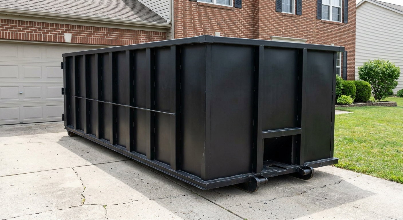 Matte-black 20-yard roll-off container on a Clarksville residential concrete driveway with reinforced ribbed steel sidewalls and a hinged rear walk-in door, clean bright daylight.