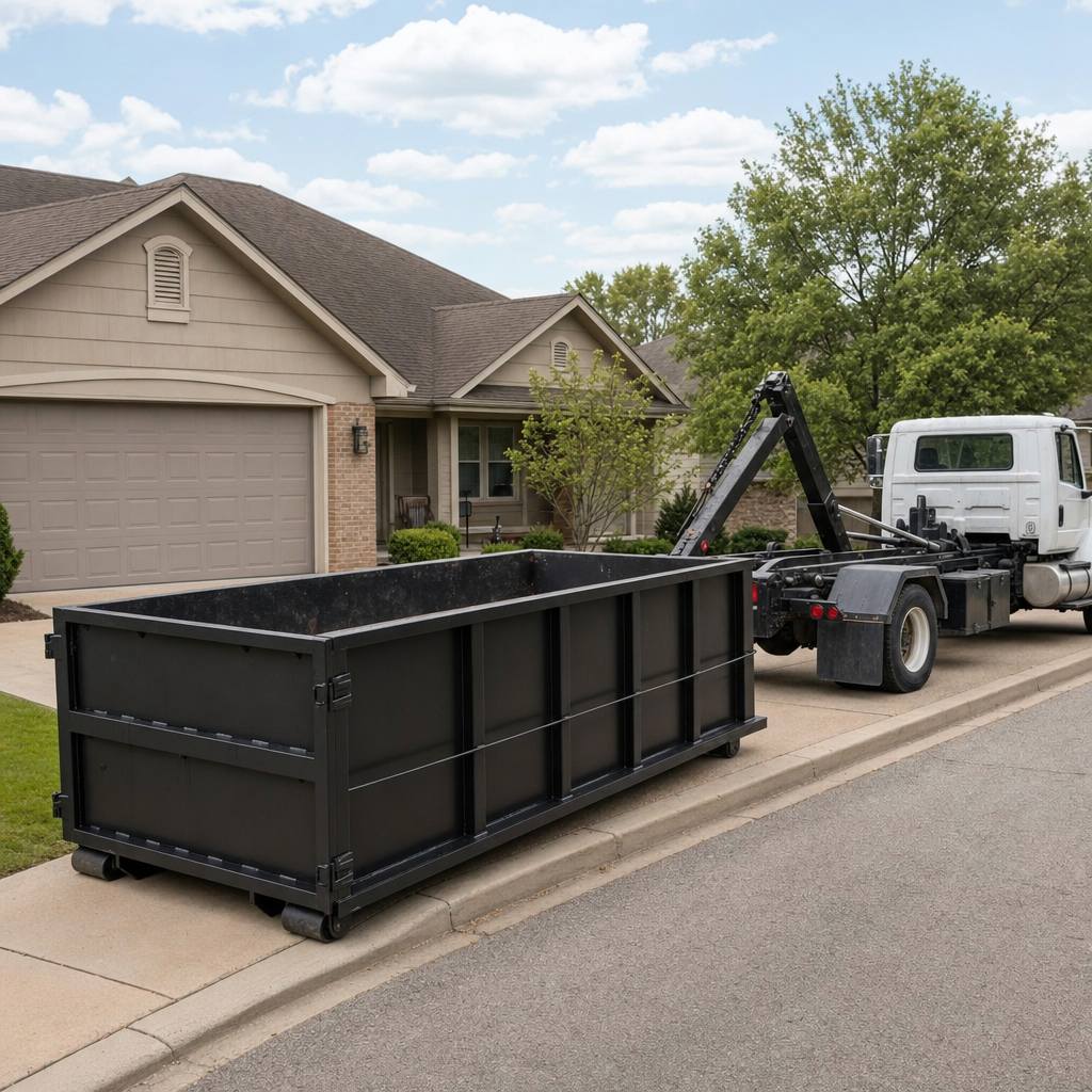 Wide documentary shot of a matte-black roll-off dumpster on a Clarksville residential driveway in the foreground and a contractor jobsite container in the soft-focus background, bright daylight, calm and orderly composition.