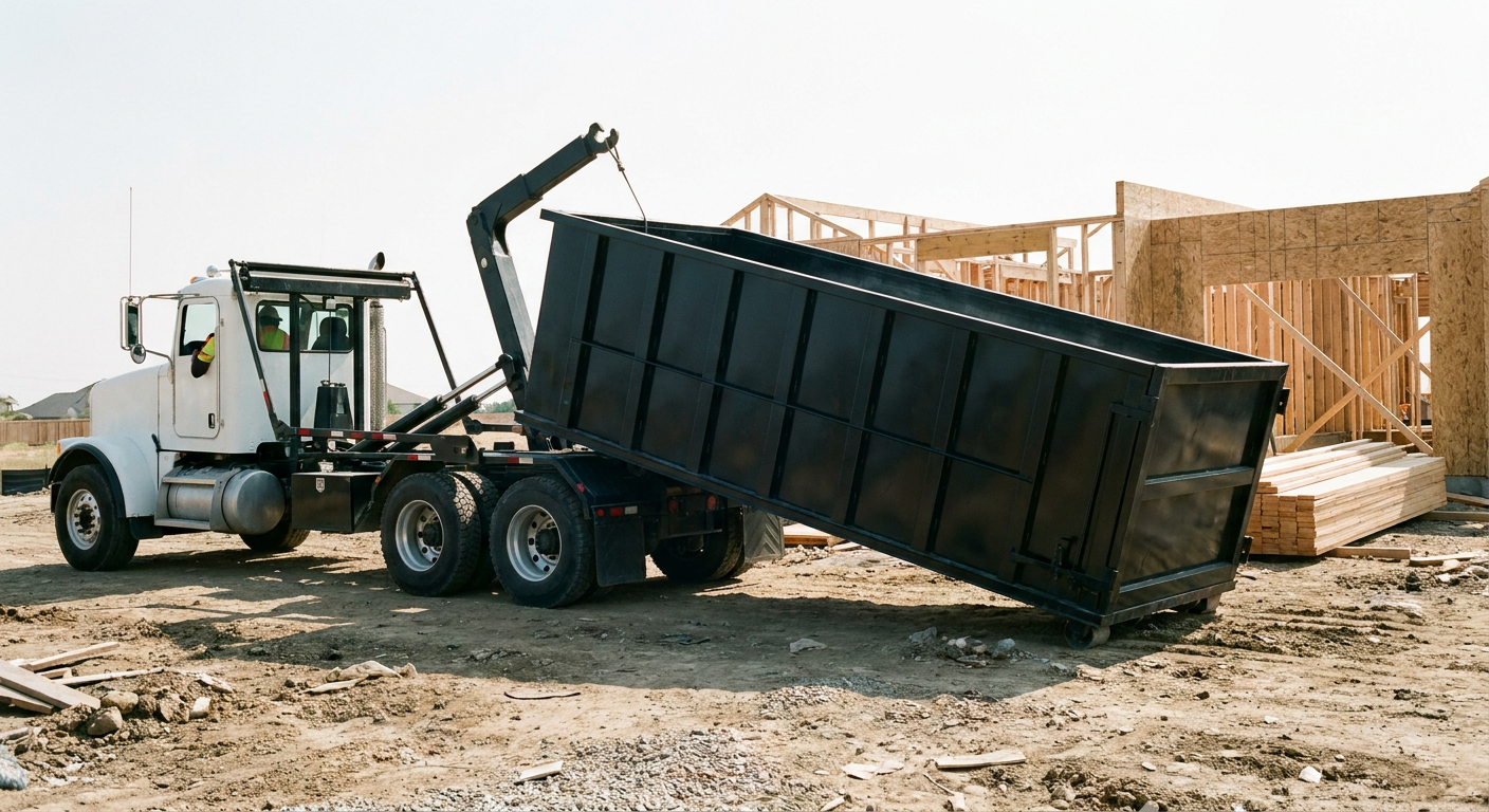 Matte-black roll-off dumpster being delivered onto a clean residential concrete driveway in Clarksville by an unmarked white hooklift hauler truck, bright morning daylight, documentary 35mm perspective.
