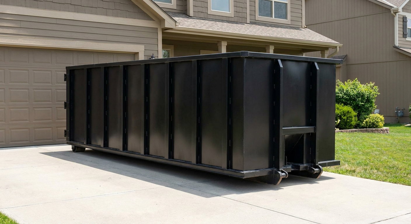 Matte-black residential roll-off dumpster sitting directly on a suburban Clarksville concrete driveway, garage door closed, single-family home in background, bright morning daylight.