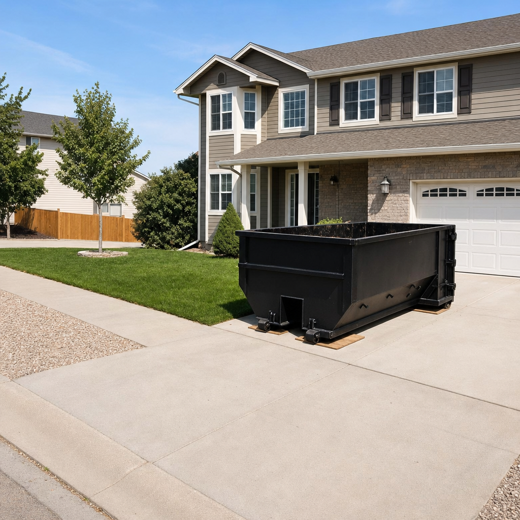 10-yard matte-black residential dumpster placed directly on a narrow Clarksville concrete driveway, room remains for a parked sedan beside it, mid-morning natural light