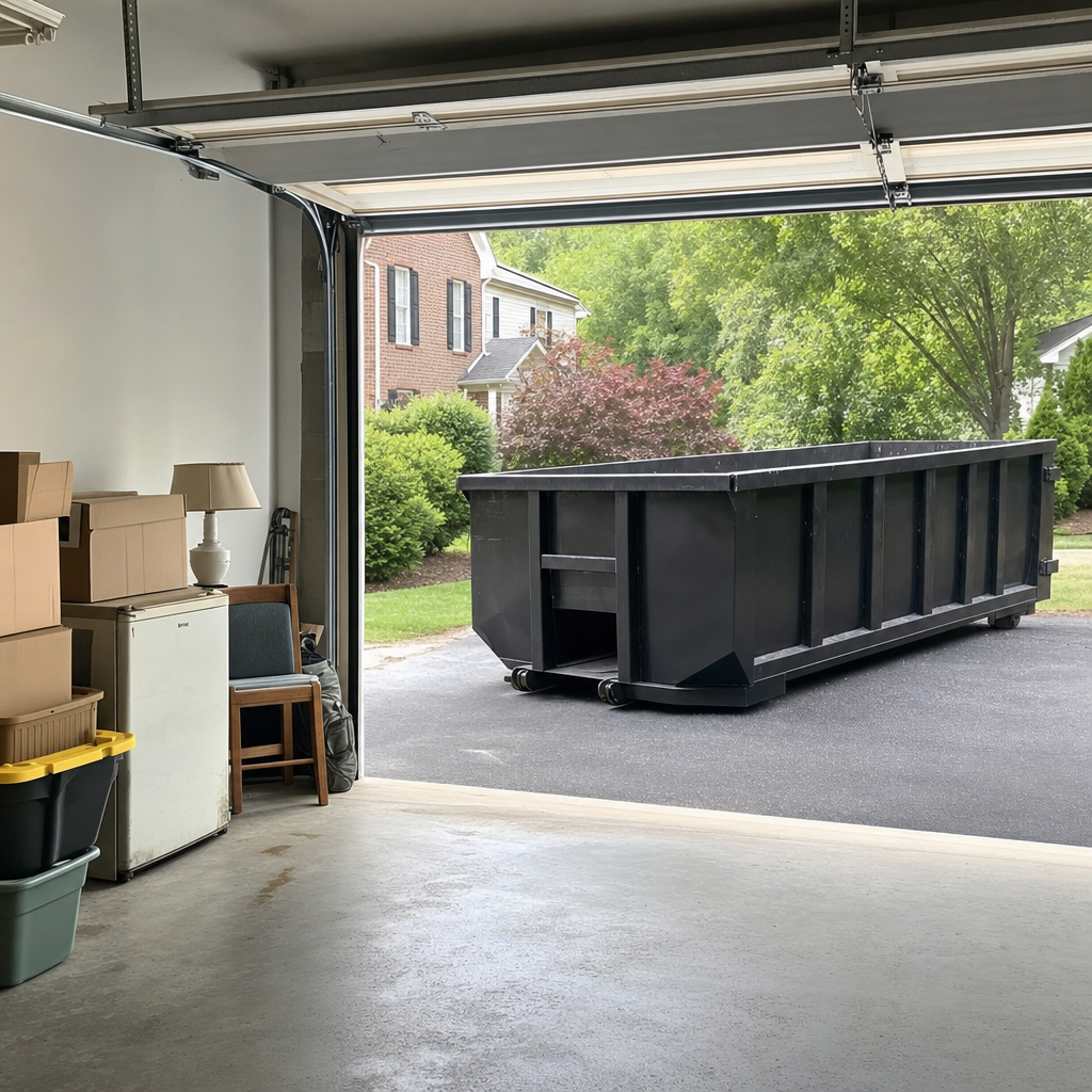 Open garage interior in a Clarksville home mid-cleanout — boxed items, an old appliance, and stacked yard tools queued near the driveway for a matte-black roll-off dumpster, organized and calm