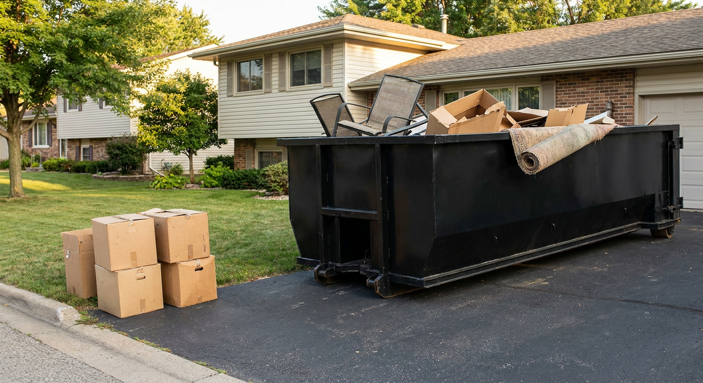 Front-yard view of a Clarksville split-level home with a 20-yard matte-black roll-off dumpster sitting directly on the asphalt driveway, a few clearly labeled donation boxes staged at the curb, calm sunny afternoon.