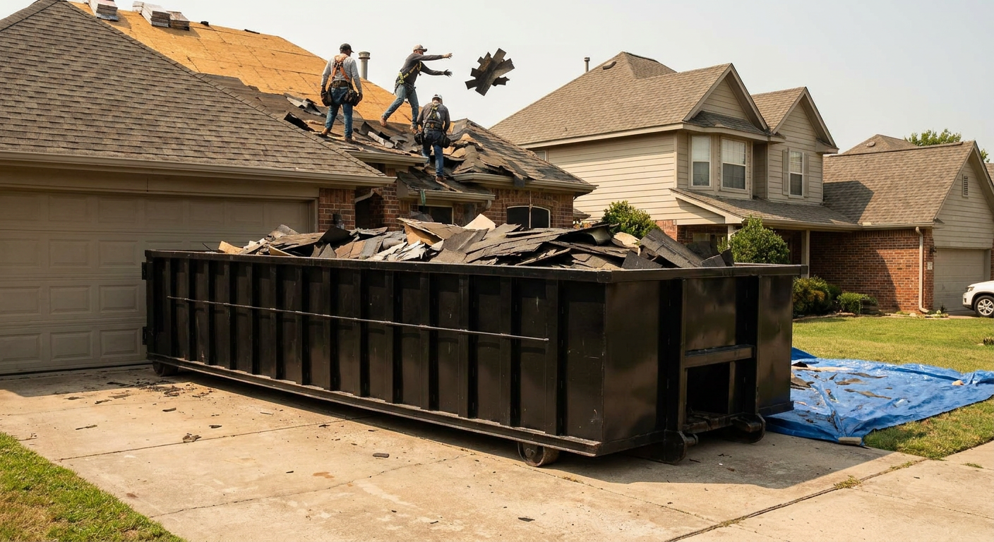 Matte-black roofing roll-off dumpster placed directly on a Clarksville residential concrete driveway, a tear-off crew on a two-story asphalt-shingle roof tossing shingle bundles into the low-walled container, bright daylight, documentary 35mm perspective.