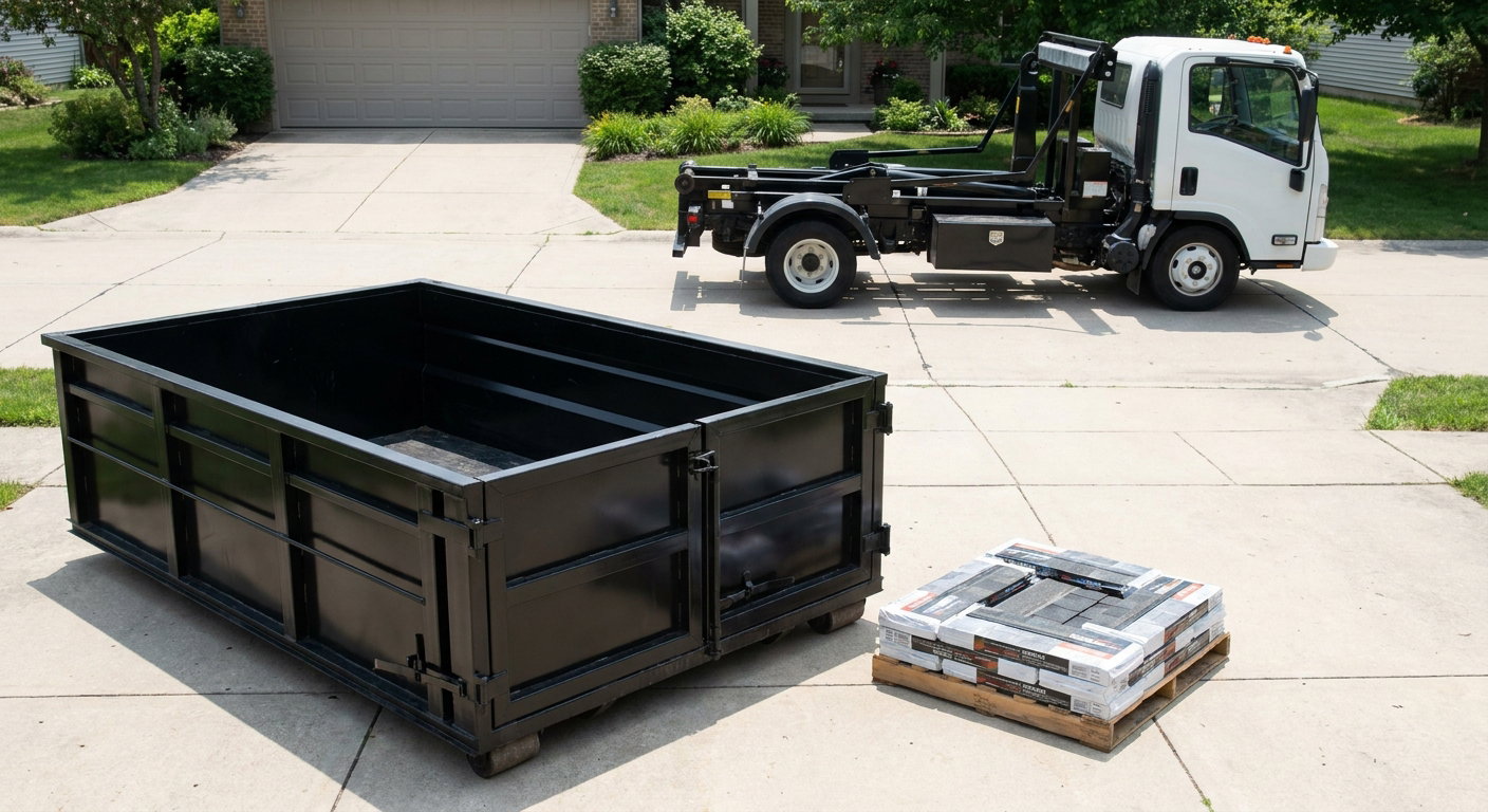 Matte-black 15-yard roofing roll-off dumpster with reinforced low side walls sitting directly on a Clarksville residential concrete driveway, three-tab asphalt shingle bundles stacked nearby, an unmarked white hauler truck partially visible at the edge of the frame.
