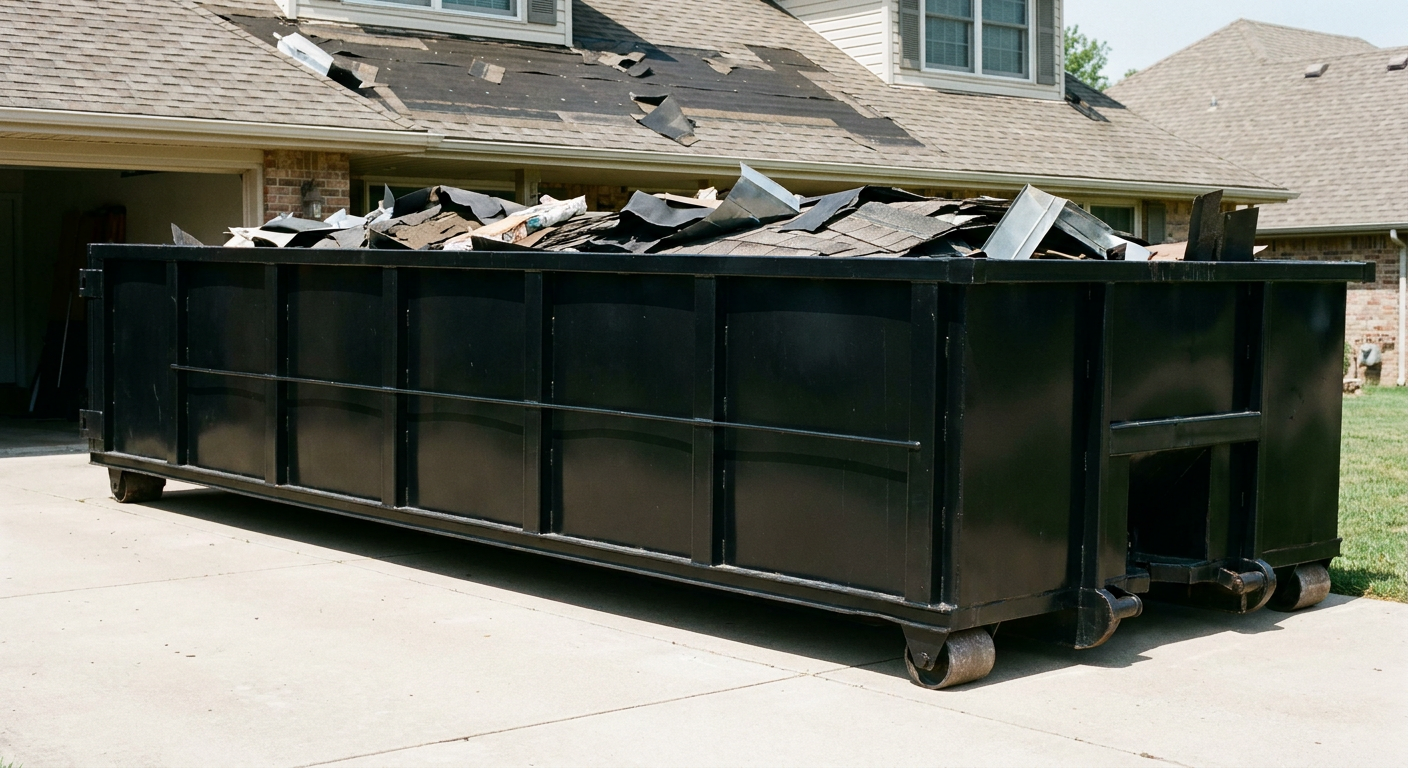 Matte-black 20-yard roofing roll-off dumpster with steel ribbed sides and swinging rear door, sitting directly on the concrete driveway of a two-story Clarksville home, asphalt shingle debris being loaded over the low wall, clean documentary lighting.