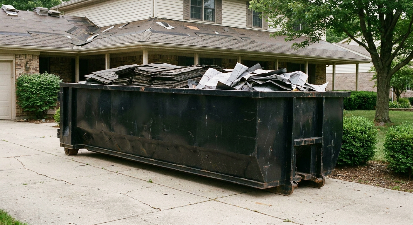 Matte-black 30-yard roofing roll-off dumpster sitting directly on a Clarksville concrete driveway, taller ribbed steel side panels, mixed tear-off debris of asphalt shingles and underlayment inside, professional documentary daylight.