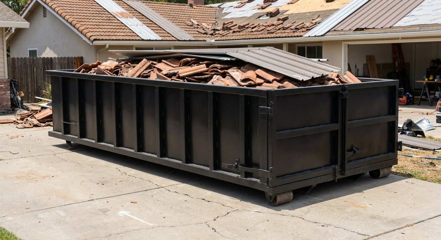 Matte-black low-wall heavy-debris roofing roll-off dumpster sitting directly on a Clarksville concrete driveway, broken concrete clay roof tiles and metal panel sections loaded inside, reinforced ribbed steel side walls visible, bright outdoor daylight.