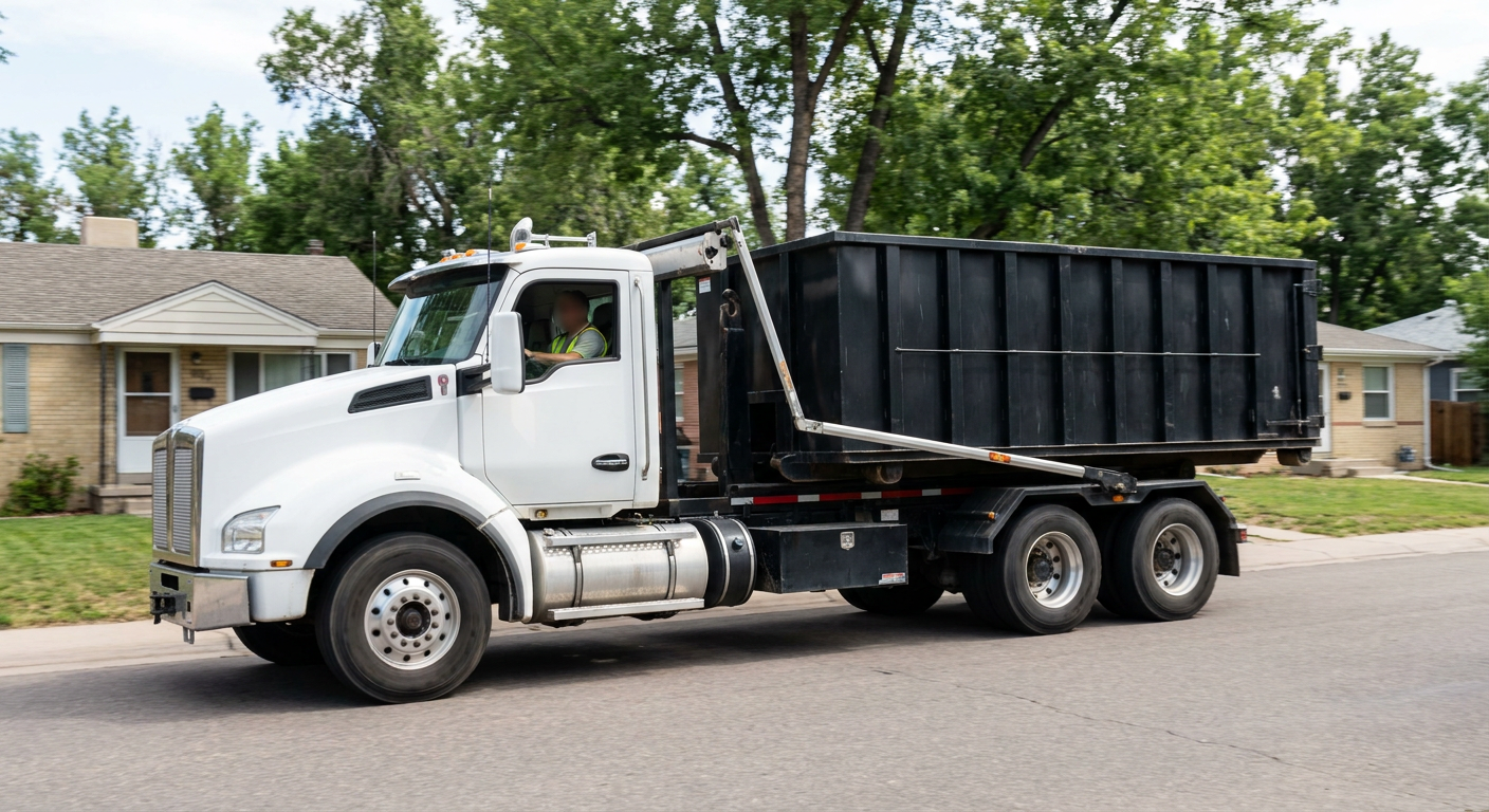 A wide documentary shot of a matte-black roll-off delivery truck pulling onto a quiet Clarksville residential street at mid-morning, with neighborhood rooftops and tree-lined blocks visible behind, showing the metro coverage footprint.