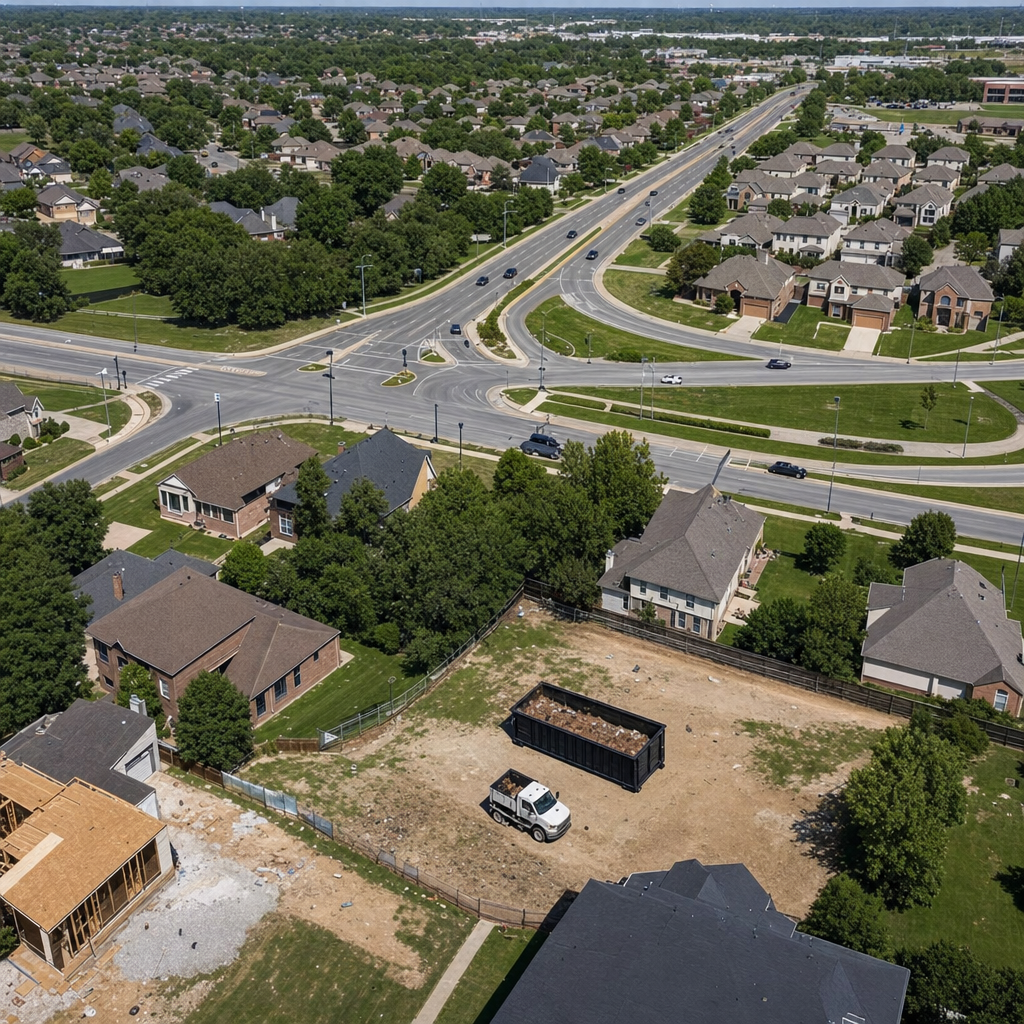 An overhead documentary view of the Clarksville metro area at midday, showing the spread of neighborhoods, arterial roads, and the dispatch radius from a central yard — clean daylight, organized geographic layout.