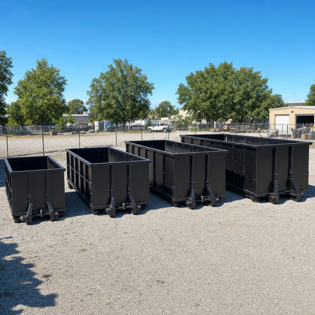 A clean lineup of matte-black roll-off dumpsters in 10, 20, 30, and 40-yard sizes staged on a sunlit gravel yard in Clarksville, showing the size progression from compact to commercial-scale containers.