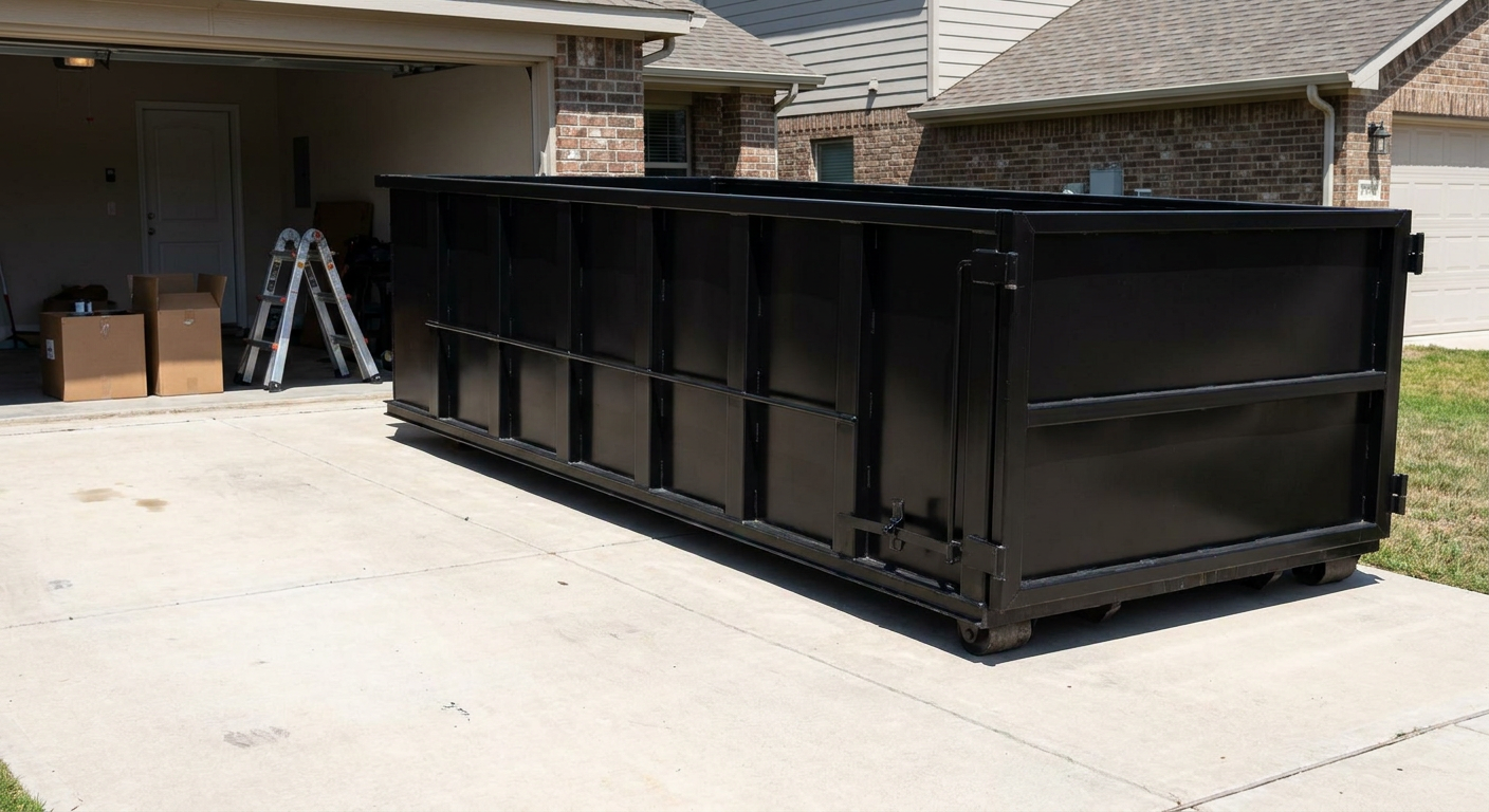 A matte-black 10-yard roll-off dumpster sitting directly on a residential Clarksville concrete driveway, mid-day sunlight, clean and ready for a garage cleanout.