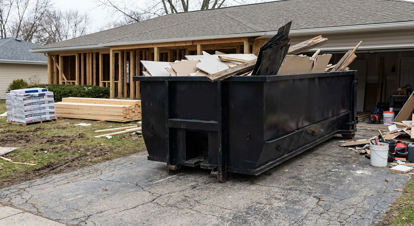 A matte-black 20-yard roll-off dumpster placed alongside a mid-renovation Clarksville home directly on the asphalt driveway, with framing materials and torn-off shingles staged neatly nearby.