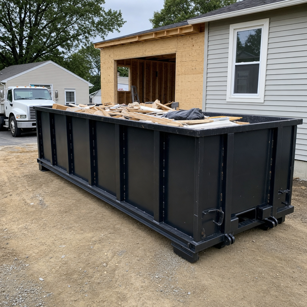 A matte-black 30-yard roll-off dumpster positioned at a Clarksville residential addition jobsite, with framing lumber and drywall scraps loaded through the open swinging rear doors.