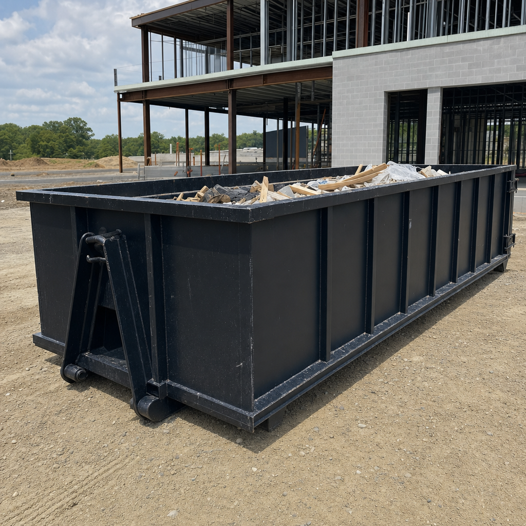 A matte-black 40-yard roll-off dumpster staged on a large Clarksville commercial construction lot, with a hooklift delivery truck parked alongside under bright midday sky.