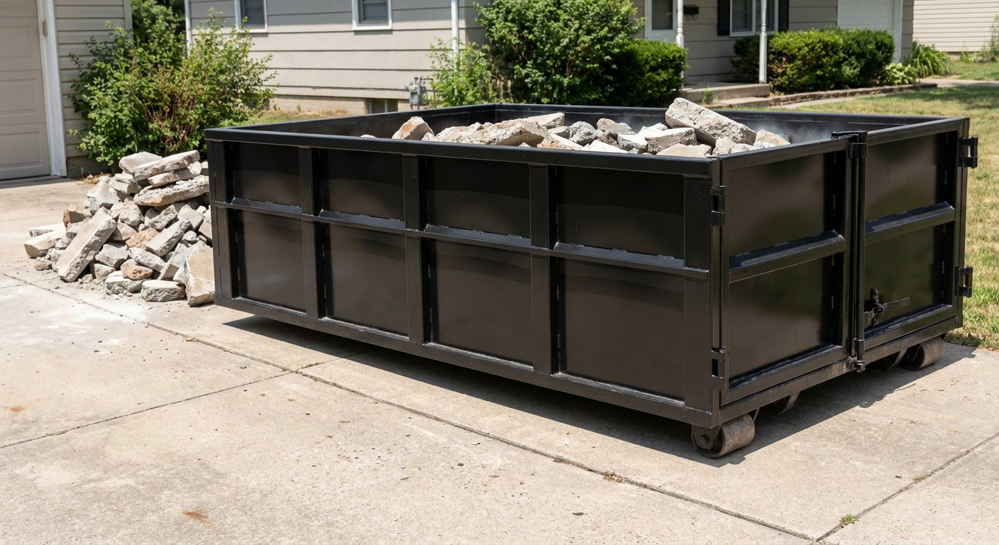A matte-black low-side heavy-debris roll-off dumpster placed directly on a Clarksville concrete driveway, with broken concrete chunks neatly stacked beside it under clean daylight.